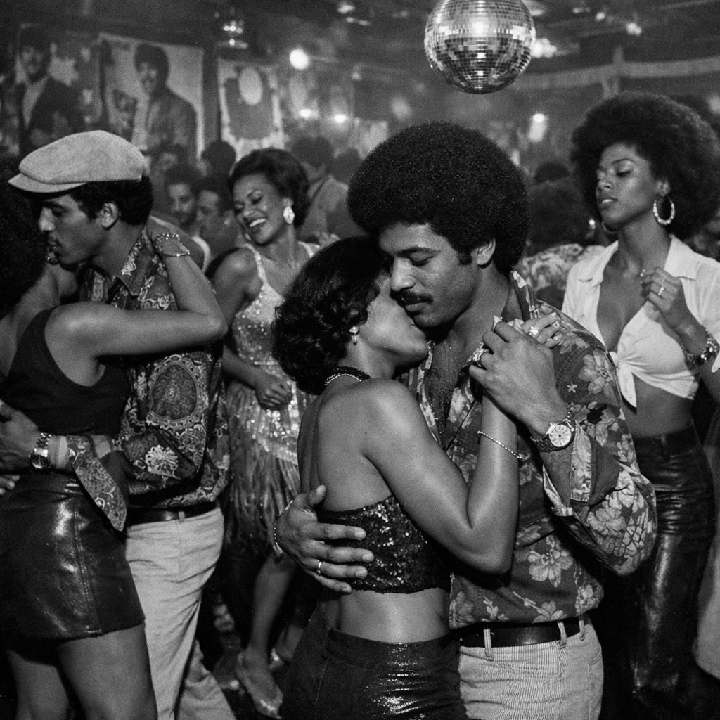 Couples dancing closely together on a crowded 1970s disco dance floor with a disco ball overhead