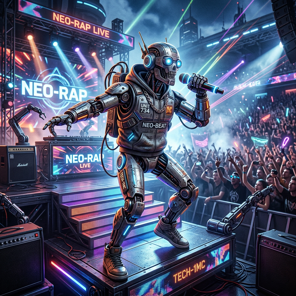 Robot rapper performing on stage at a neon-lit live concert